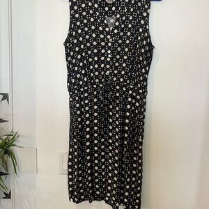 LOFT Black and White Sleeveless Midi Dress with Drawstring